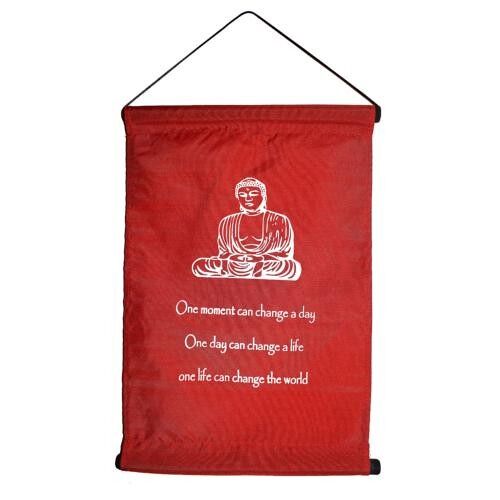 Hanging banner, Buddha 'One Moment Can Change A Day' Red 27x40cm (MBC43)
