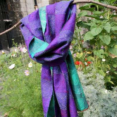 Scarf, recycled silk, kantha stitch, square pattern, assorted, 190x45cm (MKS18703)