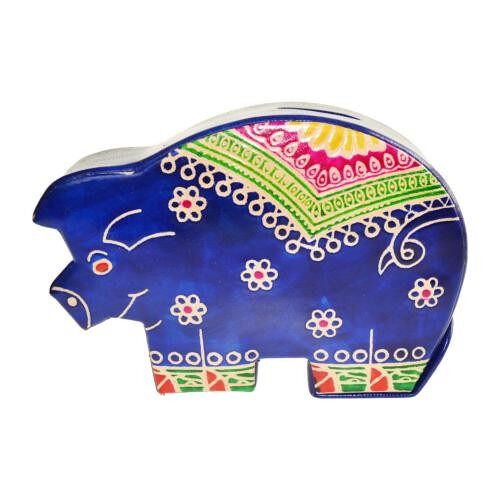 Leather money box pig blue (MKS664)