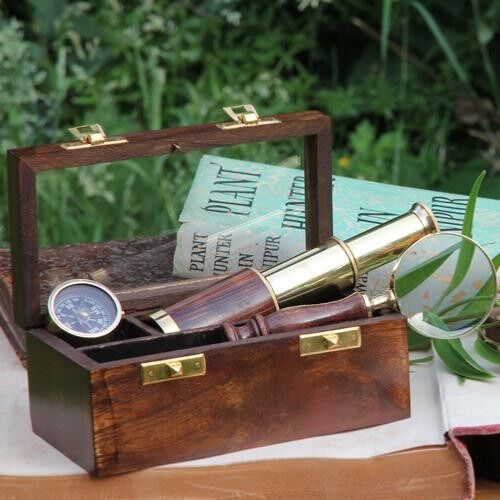 Nautical box, mini telescope, compass & magnifying glass (NA17305)