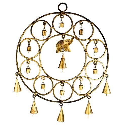 Chime, circle with elephant & bells, recycled brass, 29cm diameter (NA2120)
