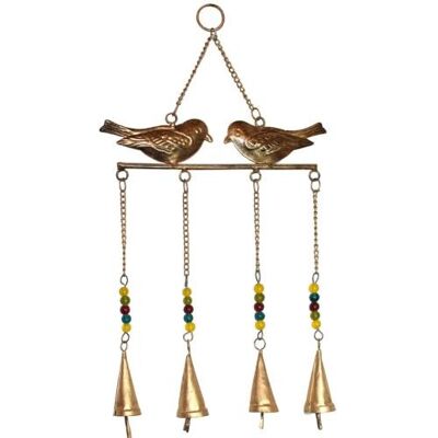 Hanging windchime 2 birds above 4 bells on chains recycled brass indoor/outdoor (NA2131)