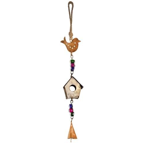 Hanging windchime bird and miniature birdhouse recycled brass (NA2134)