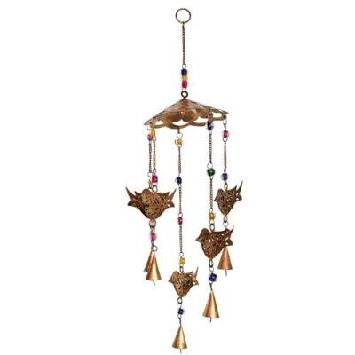 Hanging windchime 5 x 3D birds recycled brass indoor/outdoor (NA2137)