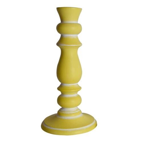 Candlestick/holder hand carved eco-friendly mango wood yellow 23cm height (NA2240)
