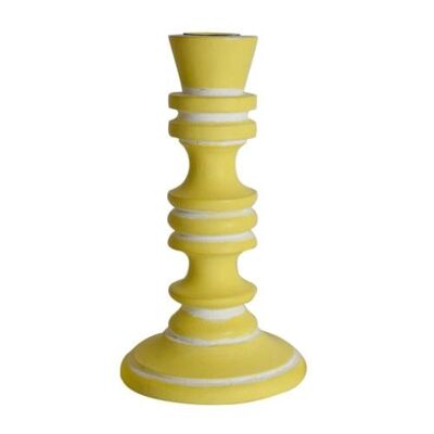 Candlestick/holder hand carved eco-friendly mango wood yellow 18.5cm height (NA2241)