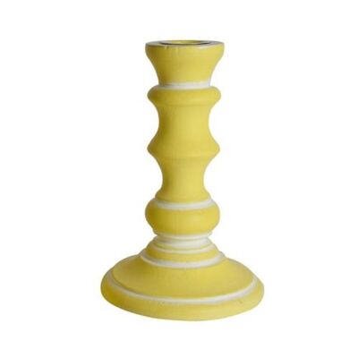 Candlestick/holder hand carved eco-friendly mango wood yellow 15cm height (NA2242)