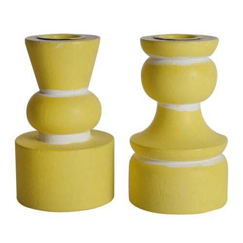 Candlestick/holder hand carved eco-friendly mango wood yellow 10cm height asstd (NA2243)