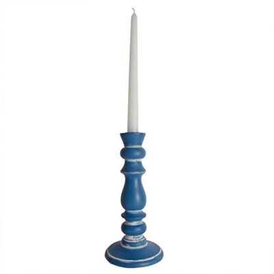 Candlestick/holder hand carved eco-friendly mango wood blue 23cm height (NA2244)