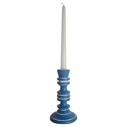 Candlestick/holder hand carved eco-friendly mango wood blue 18.5cm height (NA2245)