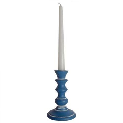 Candlestick/holder hand carved eco-friendly mango wood blue 15cm height (NA2246)