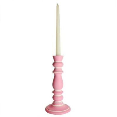 Candlestick/holder hand carved eco-friendly mango wood pink 23cm height (NA2248)