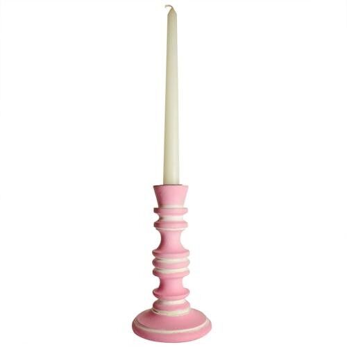 Candlestick/holder hand carved eco-friendly mango wood pink 18.5cm height (NA2249)