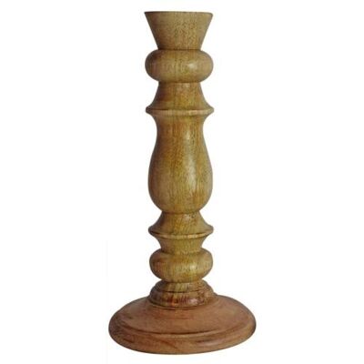 Candlestick/holder hand carved eco-friendly mango wood natural colour 23cm height (NA2252)