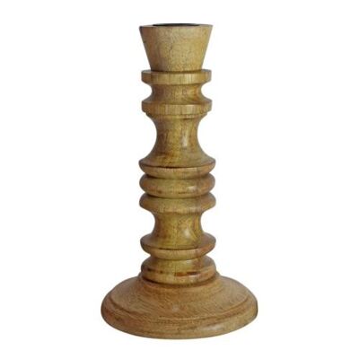 Candlestick/holder hand carved eco-friendly mango wood natural colour 18.5cm height (NA2253)
