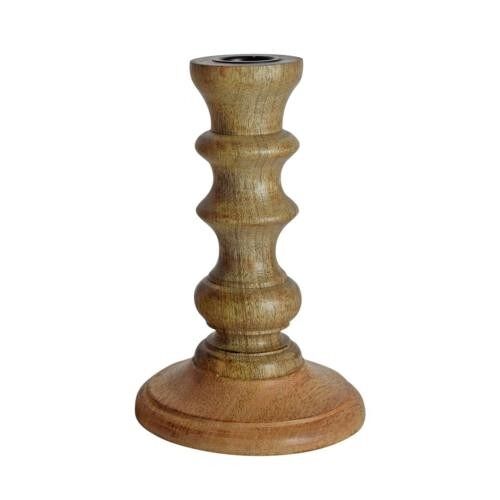 Candlestick/holder hand carved eco-friendly mango wood natural colour 15cm height (NA2254)