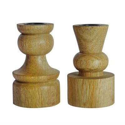 Candlestick/holder hand carved eco-friendly mango wood natural 10cm height asstd (NA2255)