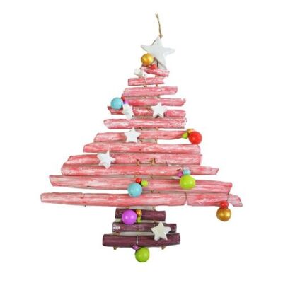 Hanging decoration, wooden Christmas tree with decorations, red (PJXMAS02)