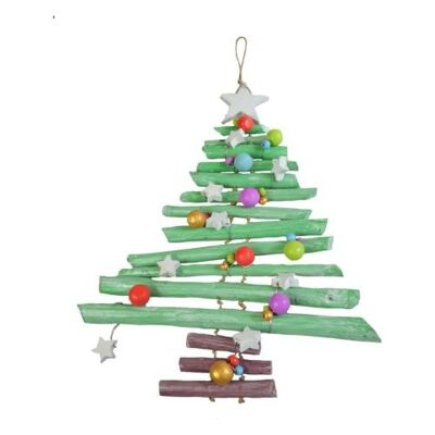 Hanging decoration, wooden Christmas tree with decorations, green (PJXMAS03)