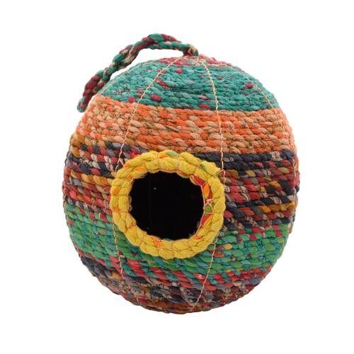 Bird house, woven recycled saris on frame, oval (PROK003)