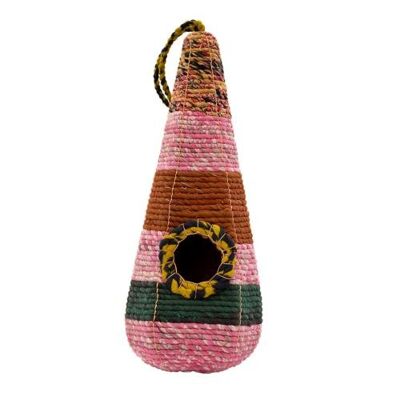 Bird house, woven recycled saris on frame, tall triangle (PROK005)
