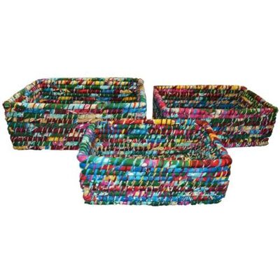 Set of 3 rectangular grass baskets, multicoloured (PROK011)