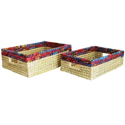 Set of 2 rectangular grass baskets, natural + multicoloured (PROK012)
