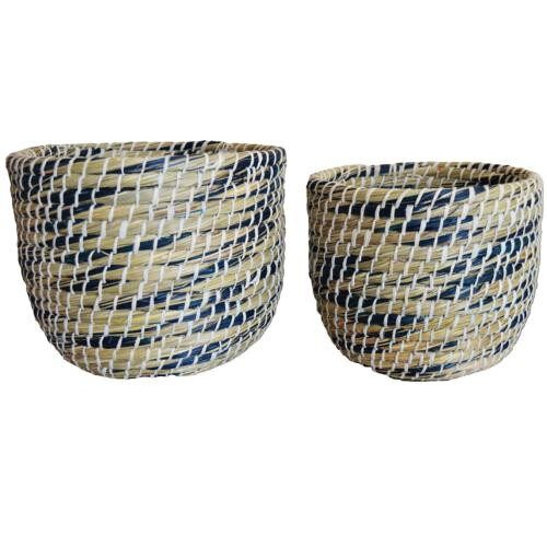 Set of 2 round grass baskets, natural + blue (PROK013)