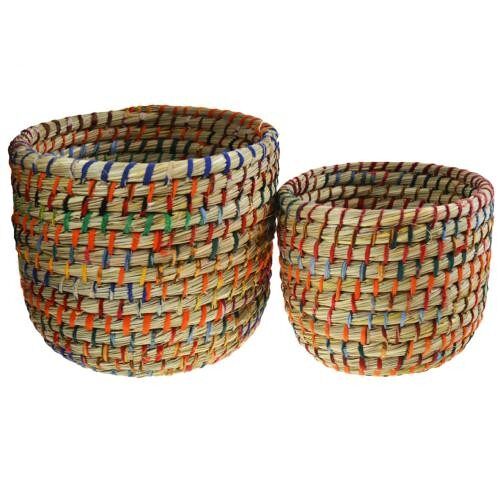 Set of 2 round grass baskets, natural + multicoloured (PROK015)