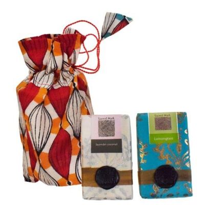 2 handmade Sacred Mark soap bars in drawstring bag, lavender coconut & lemongrass (PROK050)