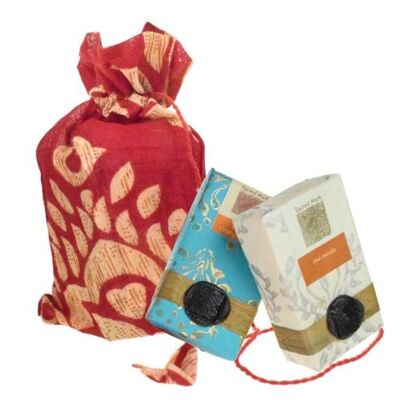 2 handmade Sacred Mark soap bars in drawstring bag, spicy orange & chai masala (PROK051)
