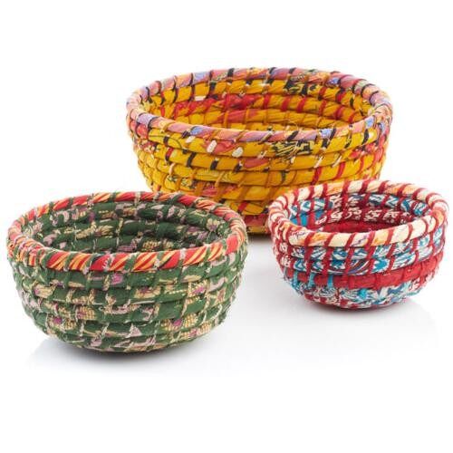 Set of 3 round nesting baskets, recycled sari material (PROK070)
