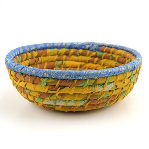 Round basket, recycled sari material yellow 26x9cm (PROK071)
