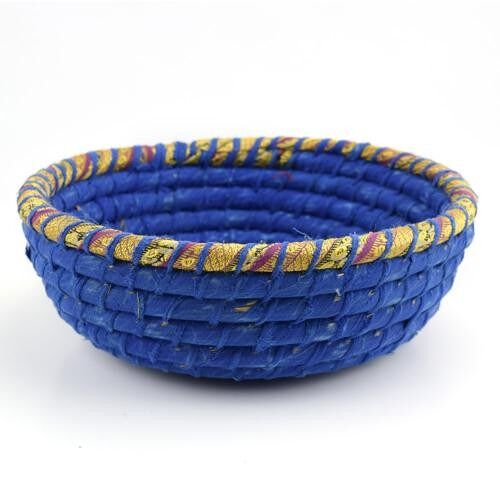 Round basket, recycled sari material blue 26x9cm (PROK072)