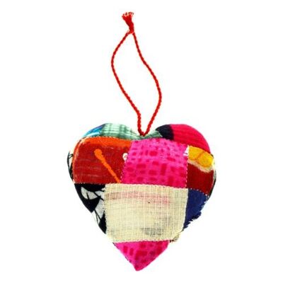 Hanging decoration, heart, recycled sari silk (PRX004)