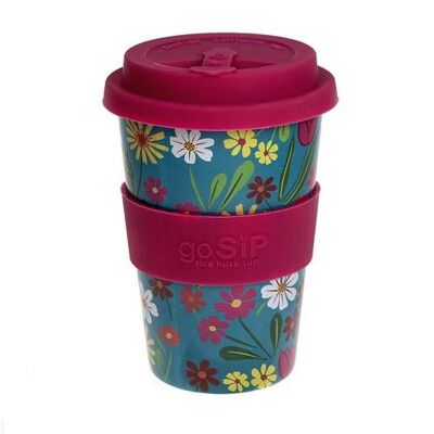 Reusable travel cup, biodegradable, folk florals turquoise (RH011)
