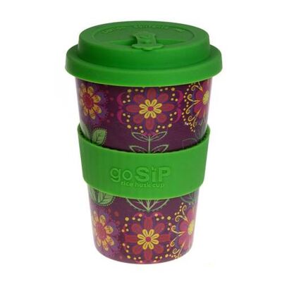 Reusable travel cup, biodegradable, folk florals maroon (RH012)