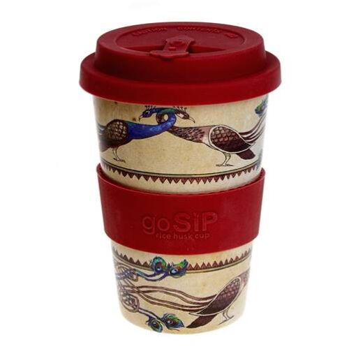 Reusable travel cup, biodegradable, Lindisfarne peafowl (RH029)