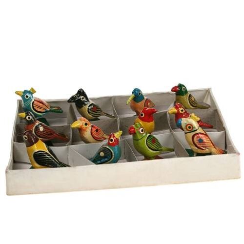 Box of 12 painted wooden birds, assorted 4cm (SASH1911B)