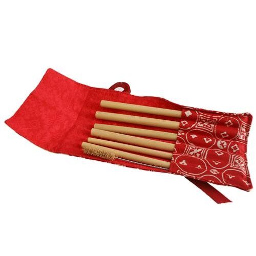 Set of 6 bamboo straws, 1 cleaner in red cotton pouch (SIS06)
