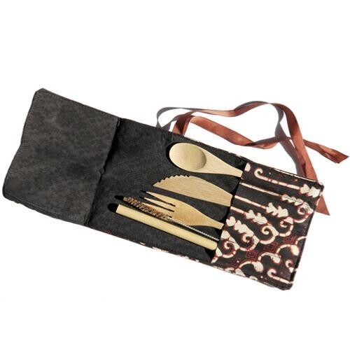 Bamboo cutlery set in black/brown cotton pouch (SIS21)