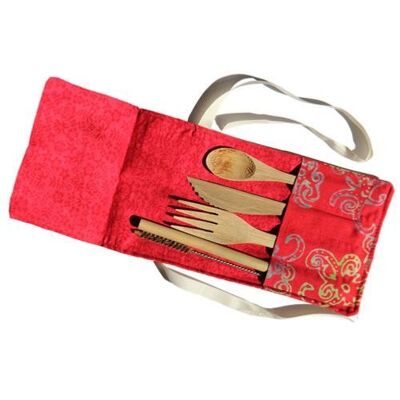 Bamboo cutlery set in red cotton pouch (SIS22)