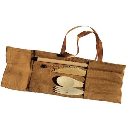 Bamboo cutlery set in brown canvas pouch (SIS33)