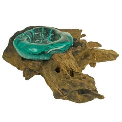 Shaped candle holder on wood, recycled glass approx 8-10cm (STC02)