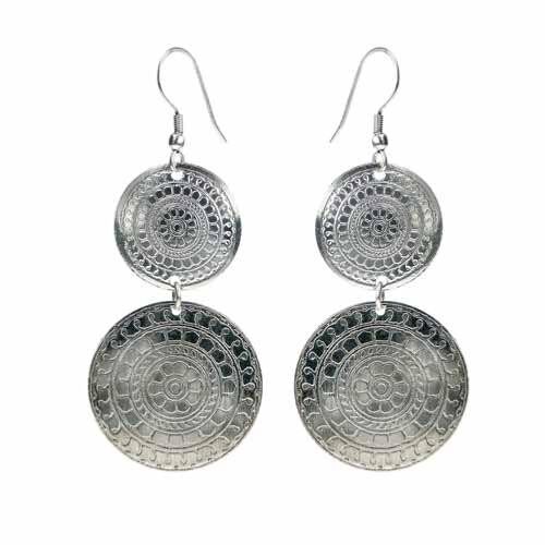 Earrings silver colour, 2 patterned circles (TAR17007)