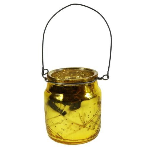 T-lite candle holder with wire hanging recycled glass yellow/gold colour 6x7cm (TAR2214)
