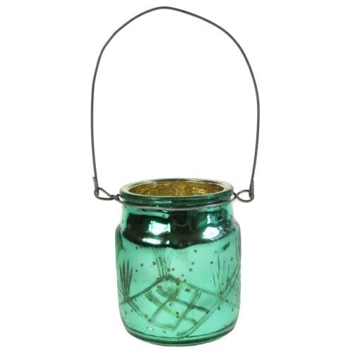 T-lite candle holder with wire hanging recycled glass turquoise 6x7cm (TAR2215)