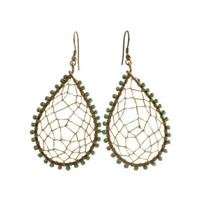 Earrings teardrop gold colour web with green bead edging (TAR2273)