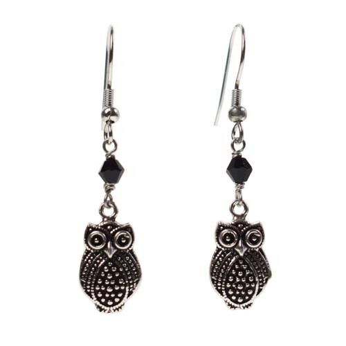 Earrings drop with owl silver colour black bead (TAR2274)