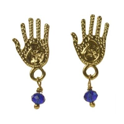 Stud earrings hamsa hand gold colour purple blue bead (TAR2275)